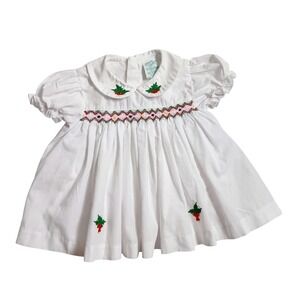 Vintage Alison Scott Dress 6 Months White Christmas Holly Smocked Puffed Sleeve